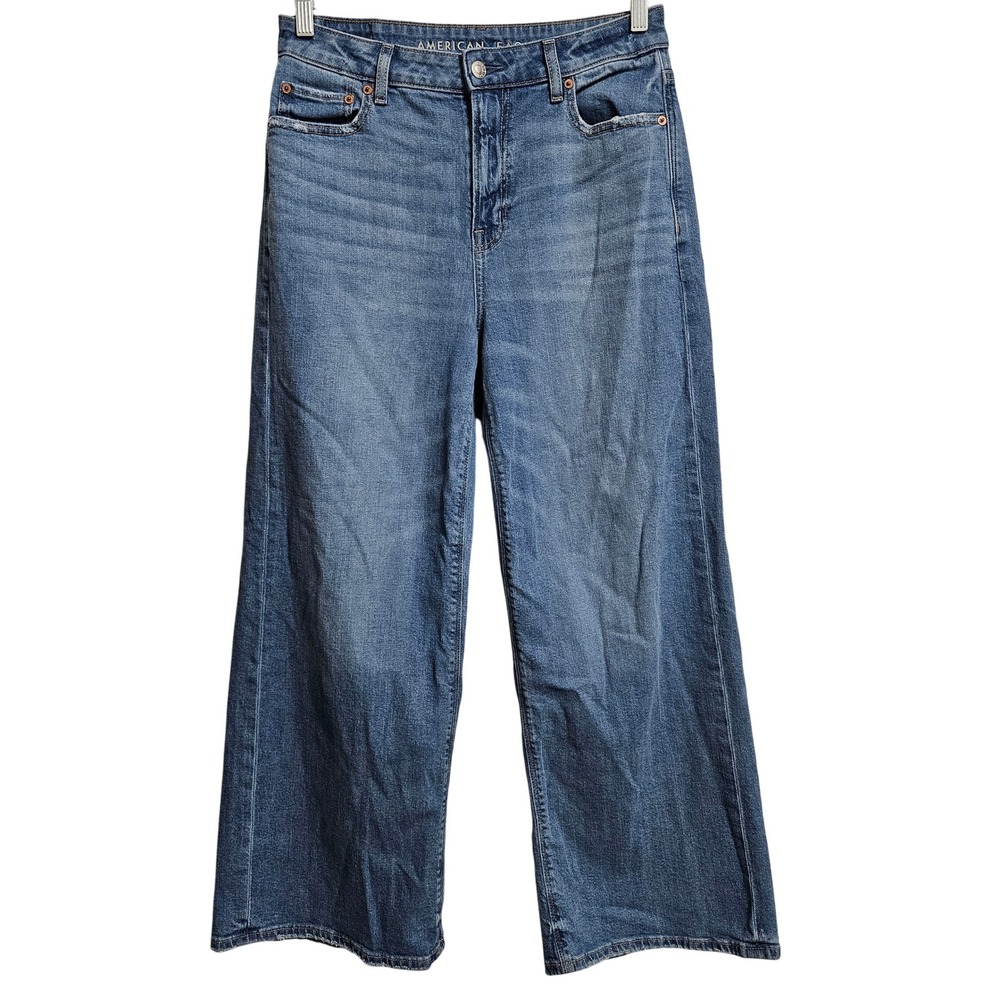 American Eagle Super High Rise Baggy Wide Leg Jeans Womens 4S Blue Stretch Boho